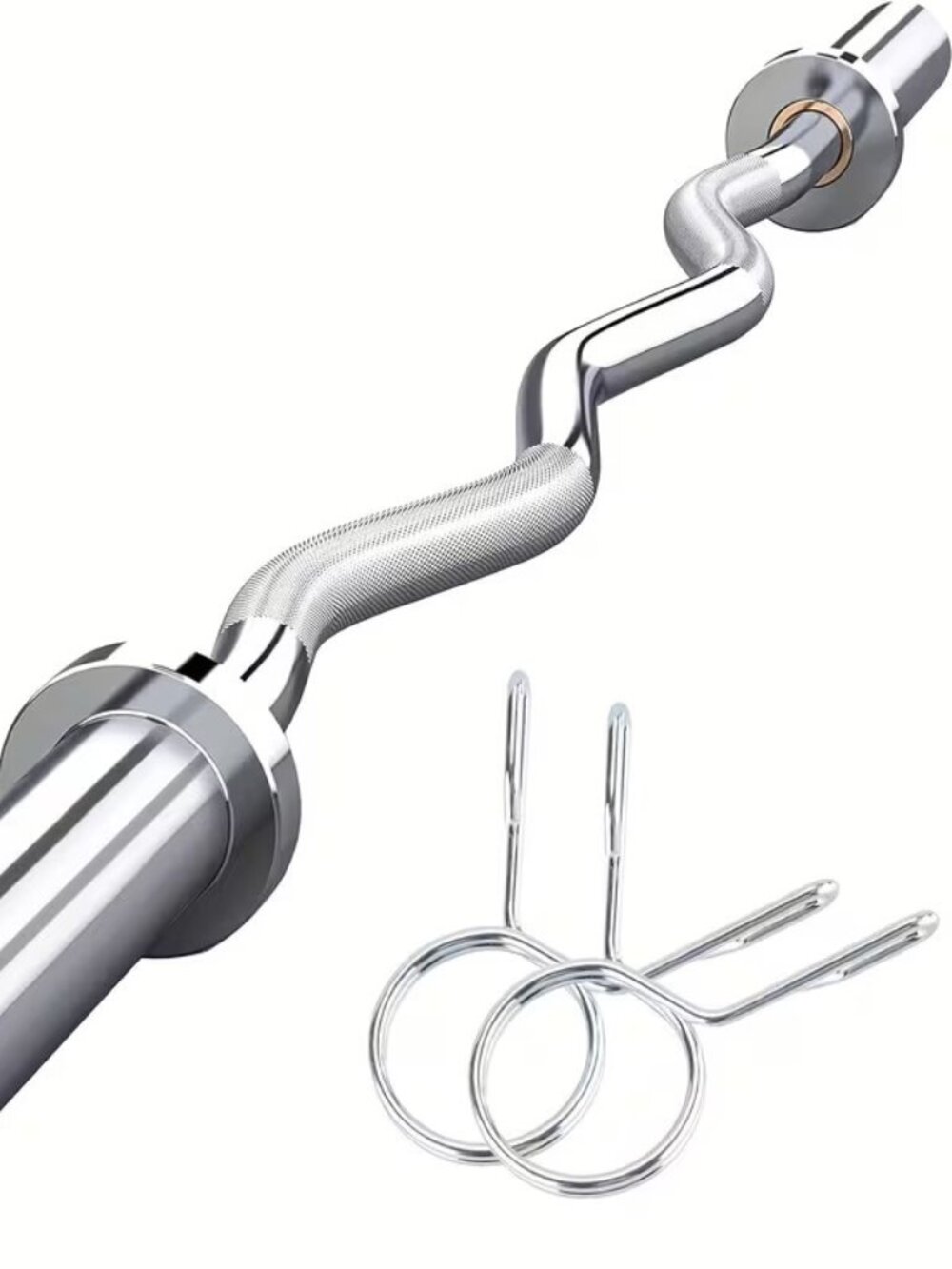 Chrome EZ Curl Barbell Bar, 47" EZ Curl Bar w/ 2 Spring Collars- 500lb capacity - Picture 5 of 5